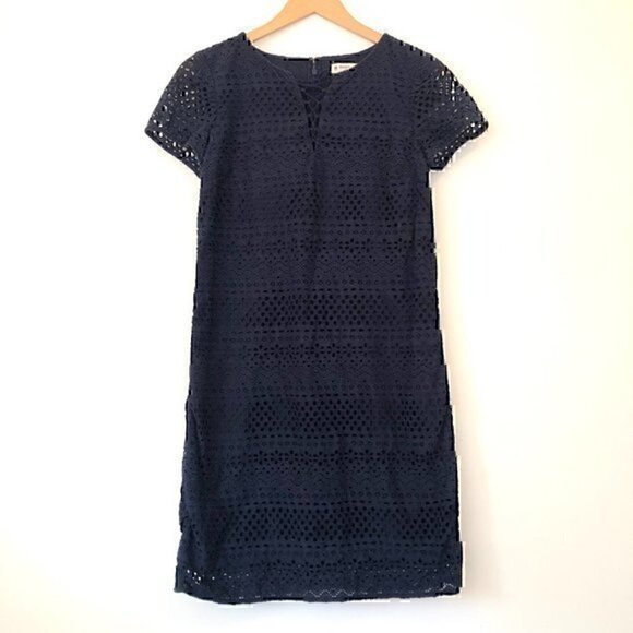 BROOKS BROTHERS Solid Navy Blue Eyelet Floral Lace Up 100% Cotton Shift Dress 2 - Picture 2 of 11